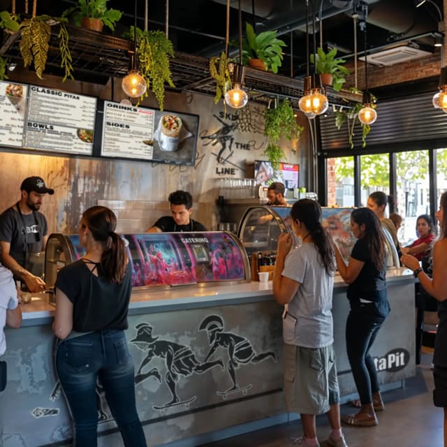 The interior of a busy Pita Pit restaurant, showing several customers standing in line at the serving counter. Employees are visible behind the counter, and digital menu boards hang above, all set against an industrial-style decor with graffiti elements.
